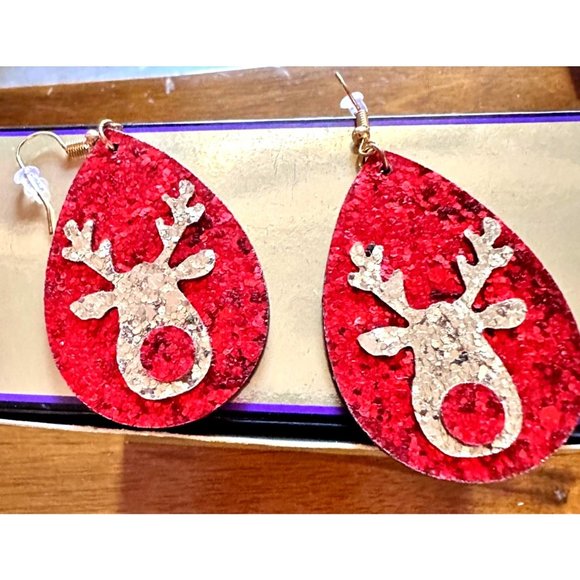 Rudolph Reindeer Earrings Christmas Handmade Whimsical Hooks Glitter Acc… - Picture 5 of 11